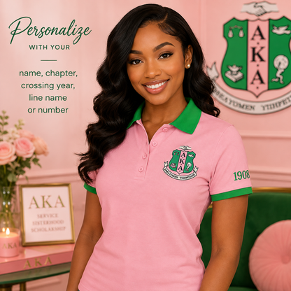 2 Tone Salmon Pink & Apple Green Alpha Kappa Alpha Embroidered Polo Shirt – Personalized Sorority Polo - product image 2