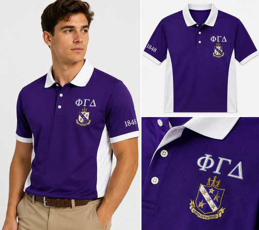 2 Tone Royal Purple & White Phi Gamma Delta Personalized Embroidered Polo Shirt – Personalized | Pirani9