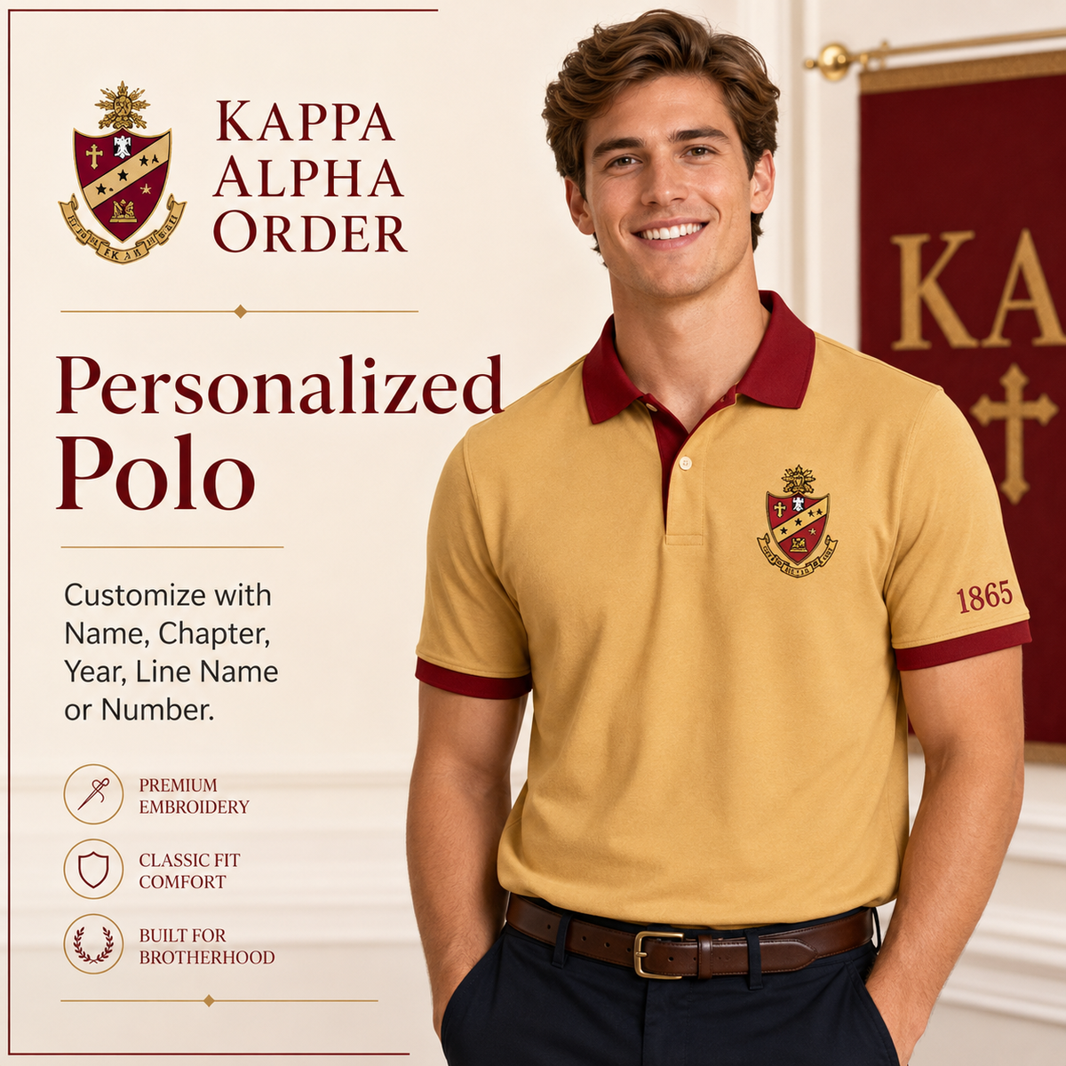 2 Tone Old Gold & Crimson Kappa Alpha Order Embroidered Polo Shirt – Personalized Fraternity Polo - product image 1