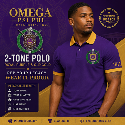 2 Tone Royal Purple & Old Gold Omega Psi Phi Embroidered Polo Shirt – Personalized Fraternity Polo - product image 1