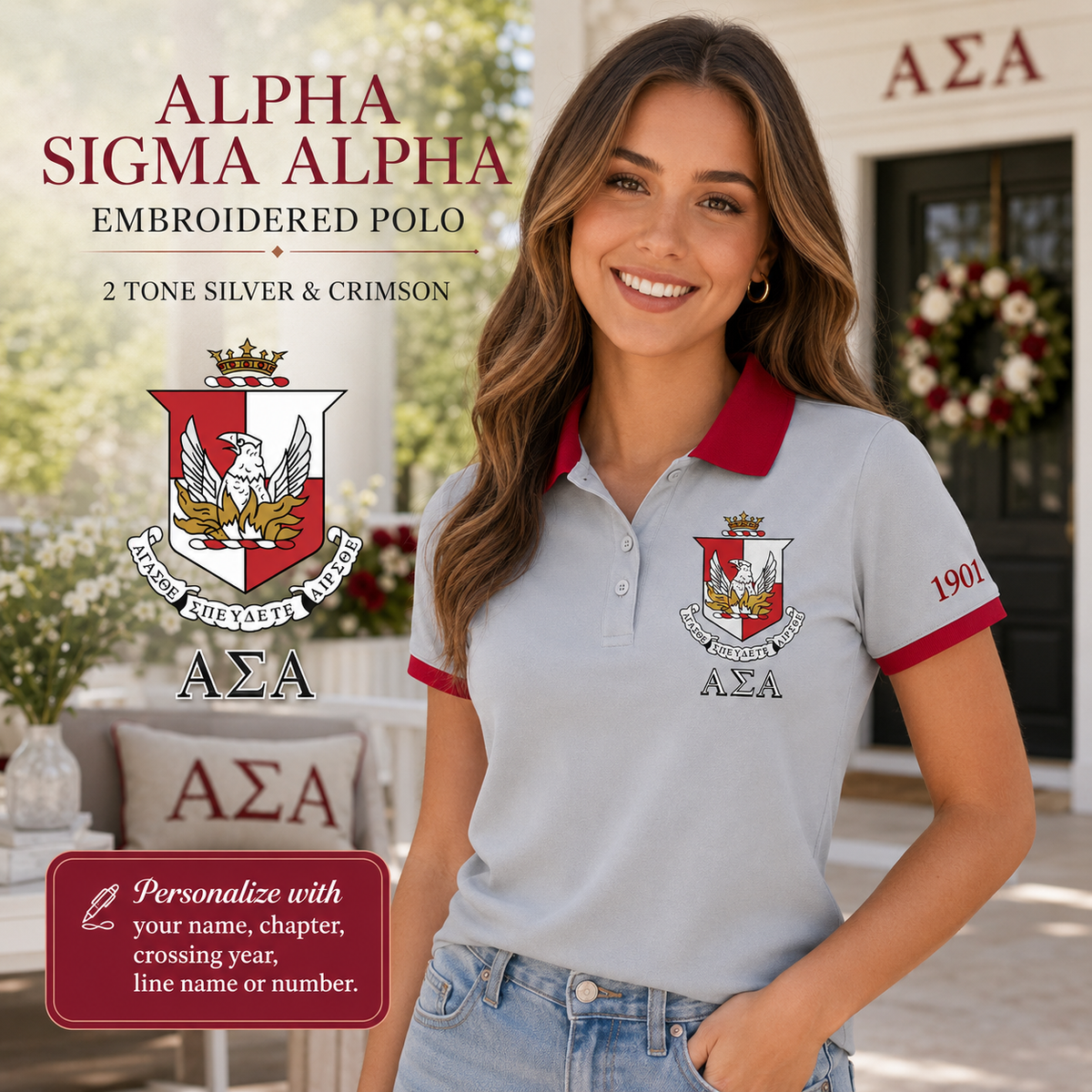 2 Tone Silver & Crimson Alpha Sigma Alpha Embroidered Polo Shirt – Personalized Sorority Polo - product image 1