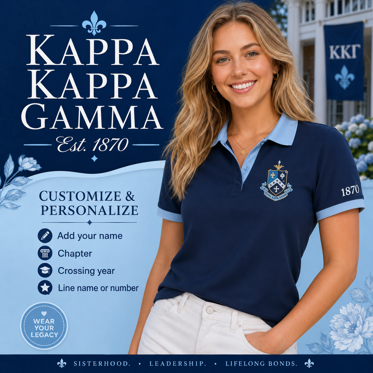 2 Tone Dark Blue & Light Blue Kappa Kappa Gamma Embroidered Polo Shirt – Personalized Sorority Polo - product image 1