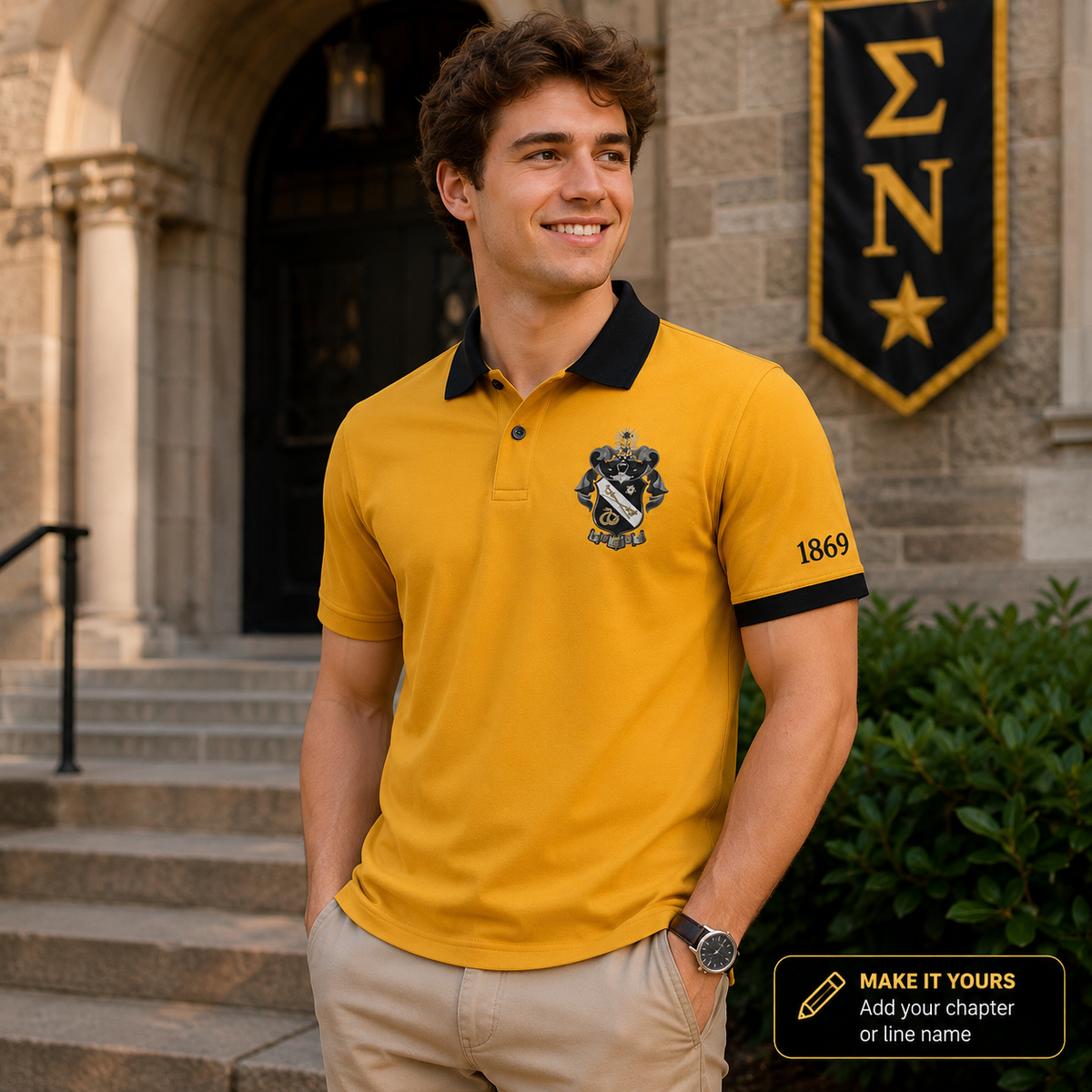 2 Tone Gold & Black Sigma Nu Embroidered Polo Shirt – Personalized Fraternity Polo - product image 3