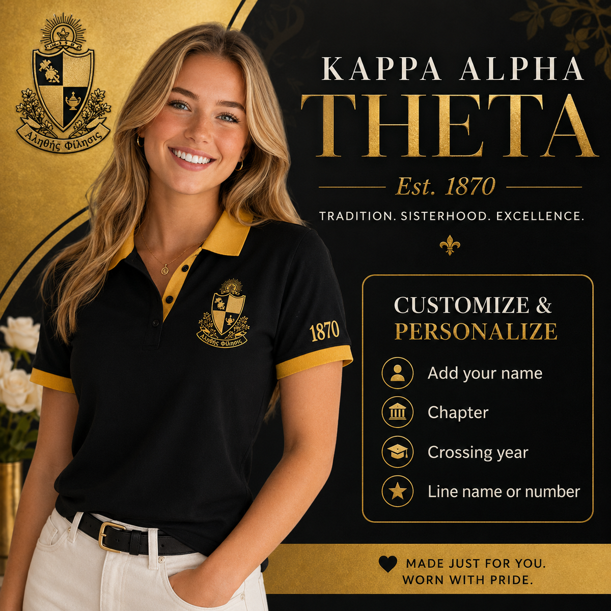 2 Tone Black & Gold Kappa Alpha Theta Embroidered Polo Shirt – Personalized Sorority Polo - product image 1