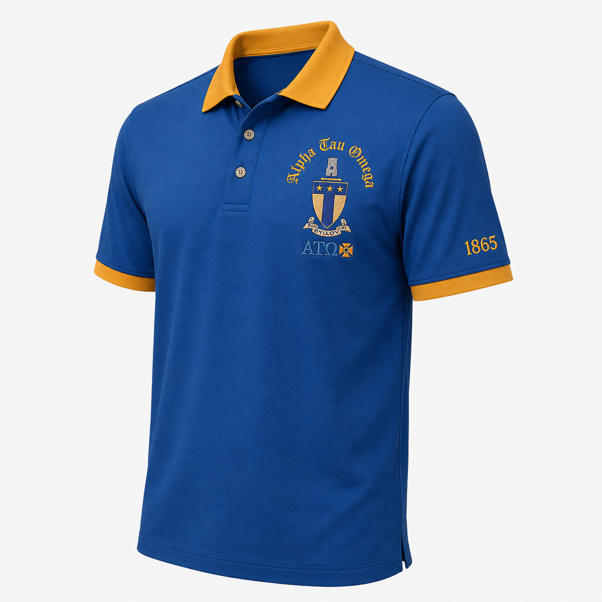 2 Tone Azure Blue & Old Gold Alpha Tau Omega Embroidered Polo Shirt – Personalized Fraternity Polo - product image 3