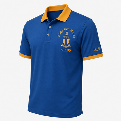 2 Tone Azure Blue & Old Gold Alpha Tau Omega Embroidered Polo Shirt – Personalized Fraternity Polo - product image 3