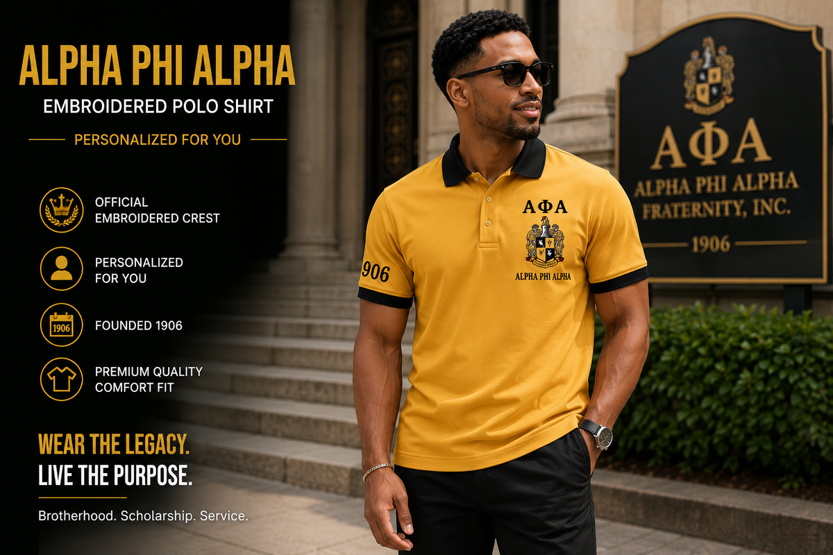 2 Tone Old Gold & Black Alpha Phi Alpha Embroidered Polo Shirt – Personalized Fraternity Polo - product image 1