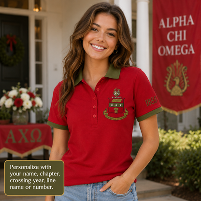 2 Tone Scarlet & Olive Green Alpha Chi Omega Embroidered Polo Shirt – Personalized Sorority Polo - product image 3