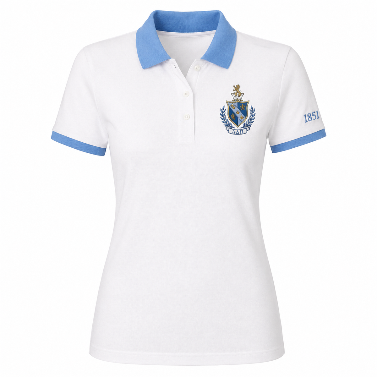 2 Tone White & Azure Blue Alpha Delta Pi Embroidered Polo Shirt – Personalized Sorority Polo - product image 3