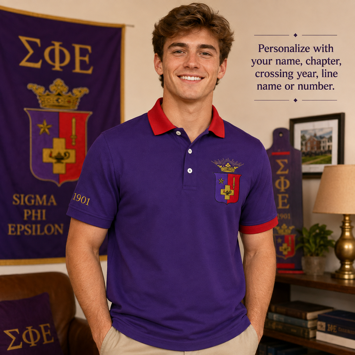 2 Tone Purple & Red Sigma Phi Epsilon Embroidered Polo Shirt – Personalized Fraternity Polo - product image 1