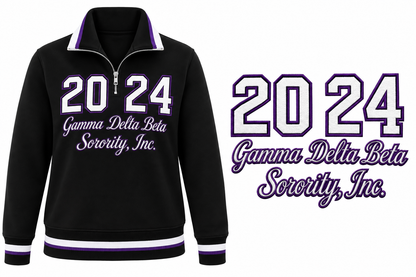 Gamma Delta Beta black quarter-zip pullover beside purple and white 2024 design artwork