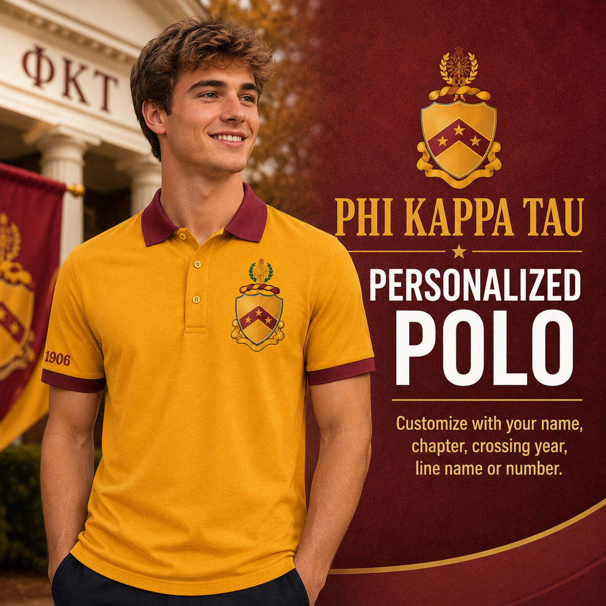 2 Tone Old Gold & Harvard Red Phi Kappa Tau Embroidered Polo Shirt – Personalized Fraternity Polo - product image 1