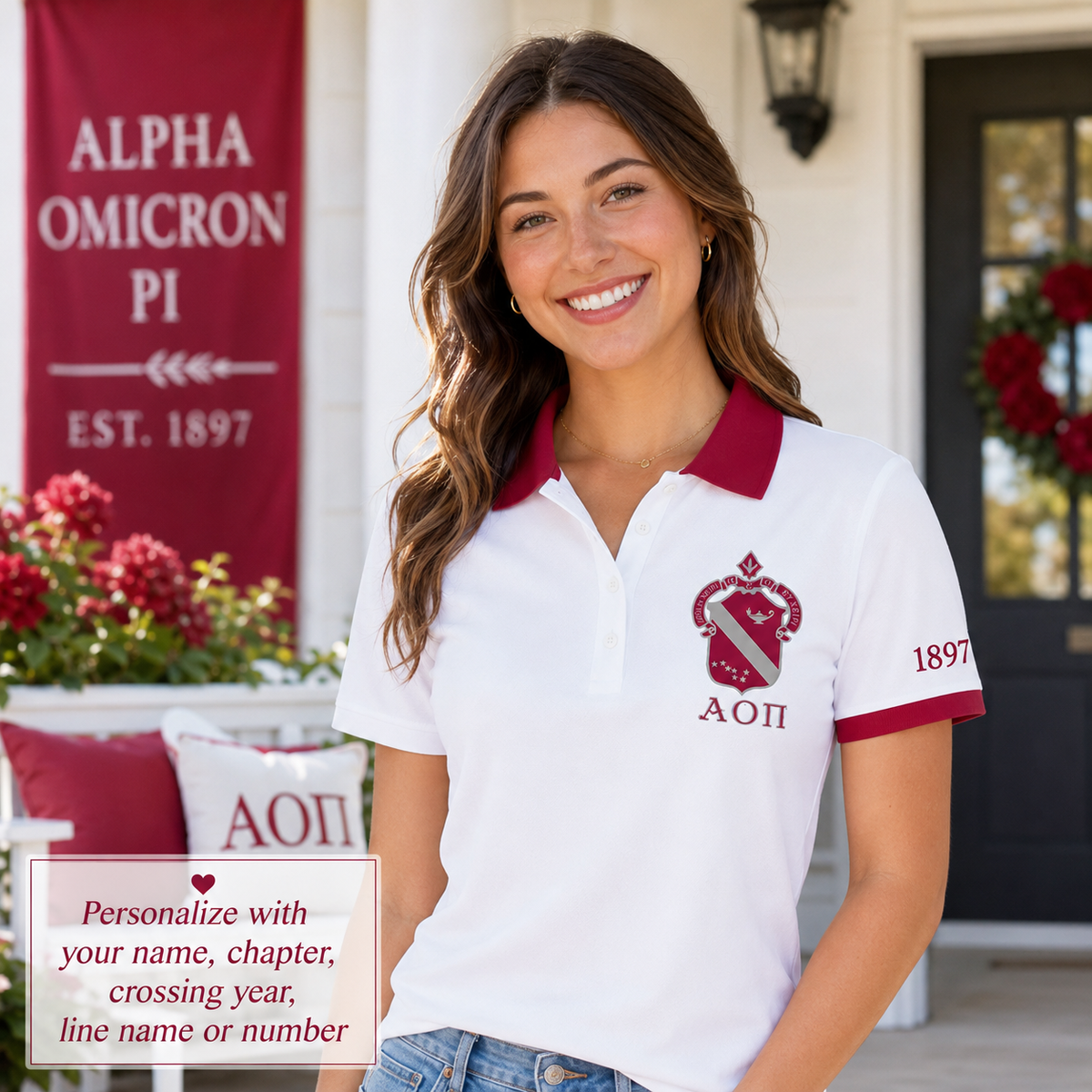 2 Tone White & Cardinal Alpha Omicron Pi Embroidered Polo Shirt – Personalized Sorority Polo - product image 1
