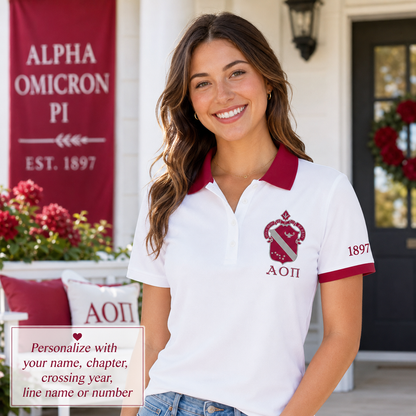 2 Tone White & Cardinal Alpha Omicron Pi Embroidered Polo Shirt – Personalized Sorority Polo - product image 1