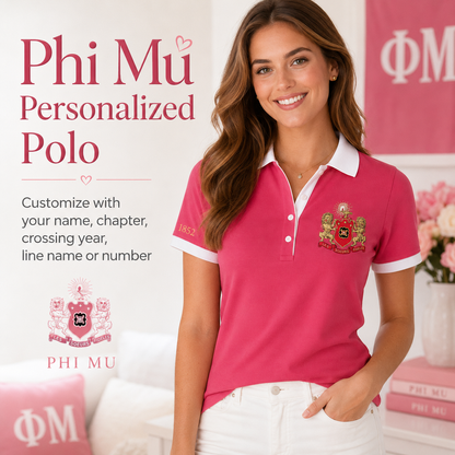 2 Tone Rose & White Phi Mu Embroidered Polo Shirt – Personalized Sorority Polo - product image 1