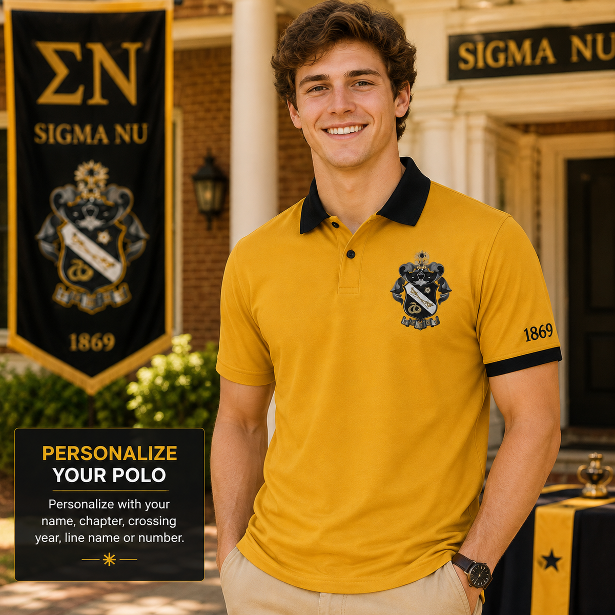 2 Tone Gold & Black Sigma Nu Embroidered Polo Shirt – Personalized Fraternity Polo - product image 1