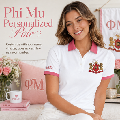 2 Tone White & Rose Phi Mu Embroidered Polo Shirt – Personalized Sorority Polo - product image 1