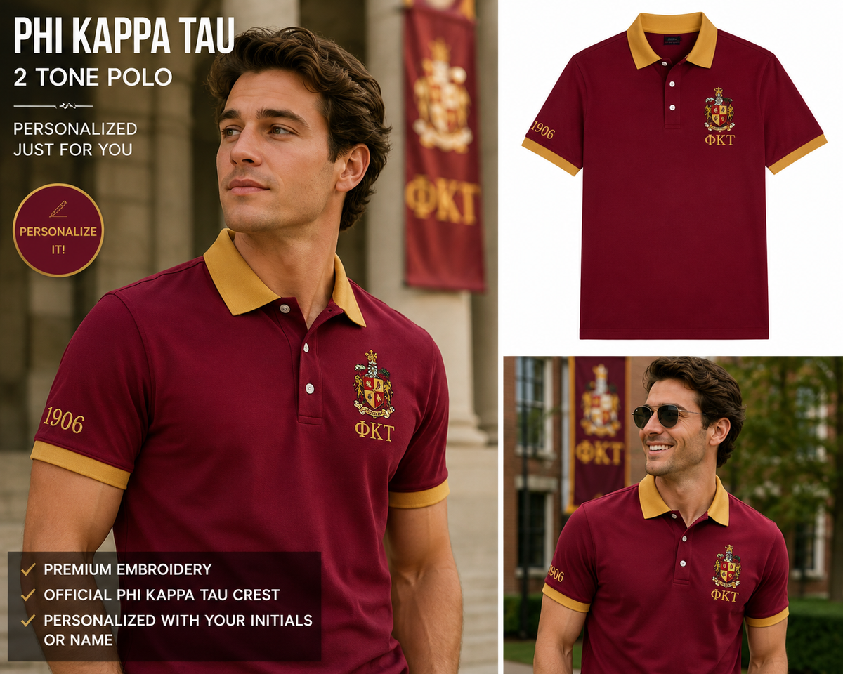 2 Tone Harvard Red & Old Gold Phi Kappa Tau Embroidered Polo Shirt – Personalized Fraternity Polo - product image 1