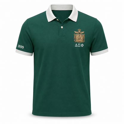 2 Tone Nile Green & Carnation White Delta Sigma Phi Embroidered Polo Shirt – Personalized Fraternity Polo - product image 1