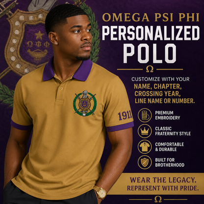 2 Tone Old Gold & Royal Purple Omega Psi Phi Embroidered Polo Shirt – Personalized Fraternity Polo - product image 1