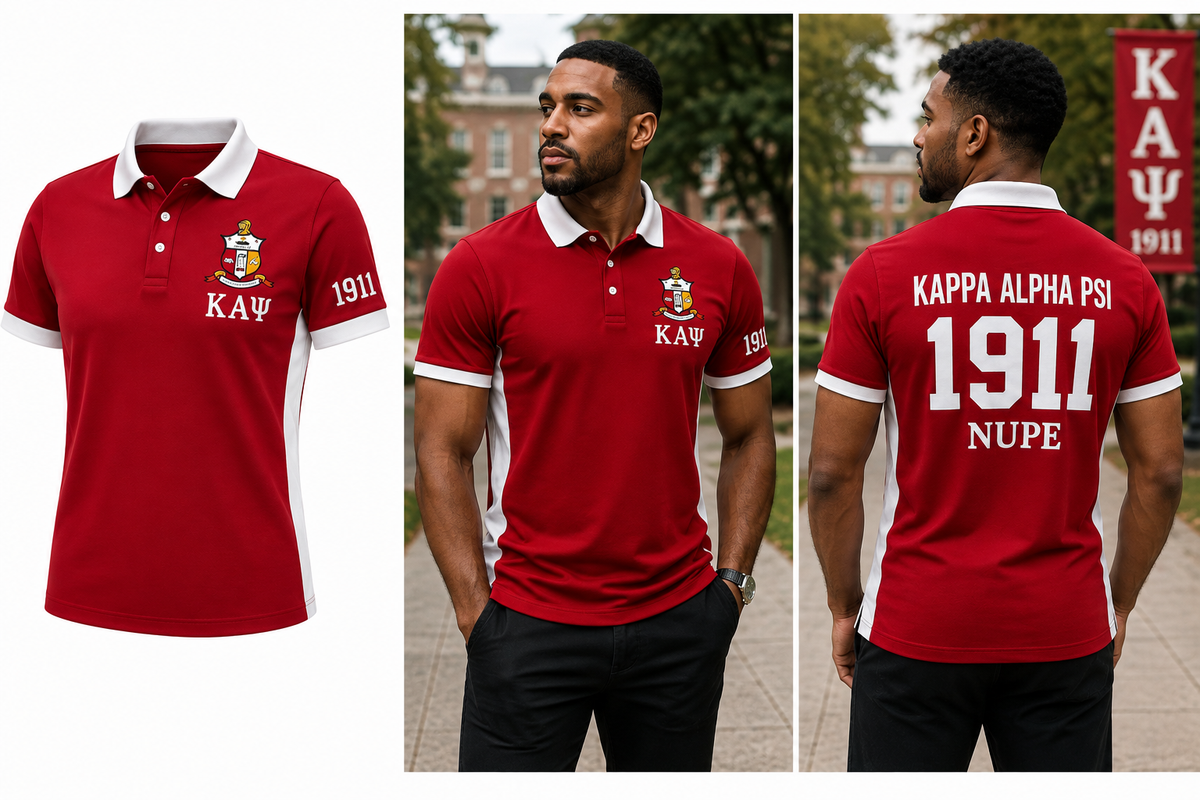 Kappa Alpha Psi crimson and cream polo shown with front, model, and personalized back embroidery examples