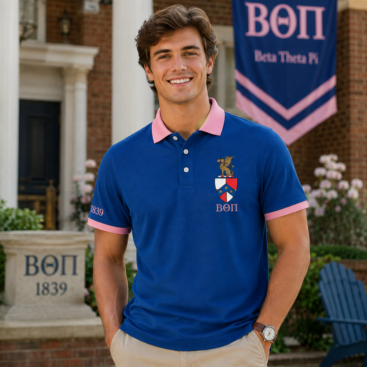 2 Tone Blue & Delicate Pink Beta Theta Pi Embroidered Polo Shirt – Personalized Fraternity Polo - product image 3