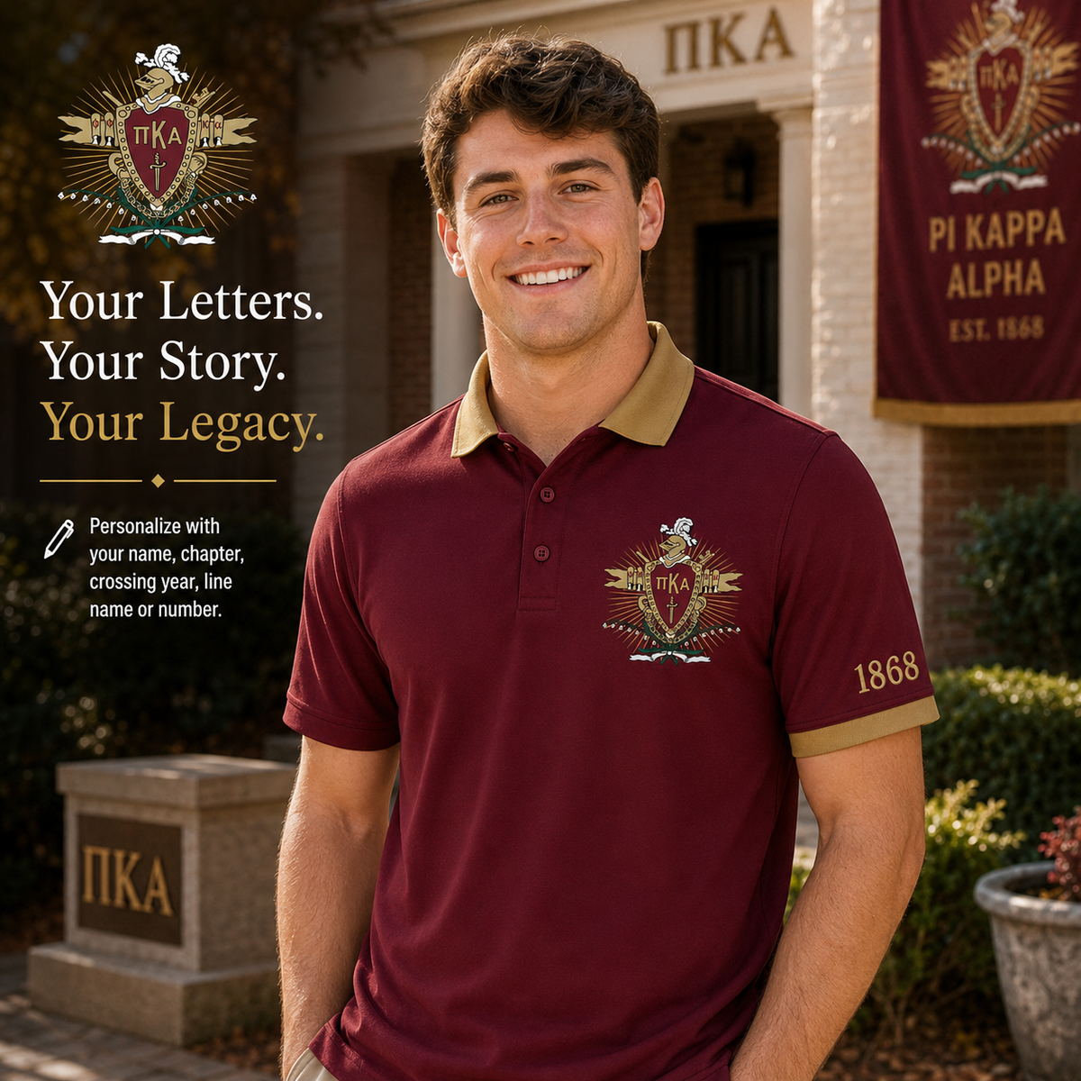 2 Tone Garnet & Old Gold Pi Kappa Alpha Embroidered Polo Shirt – Personalized Fraternity Polo - product image 1
