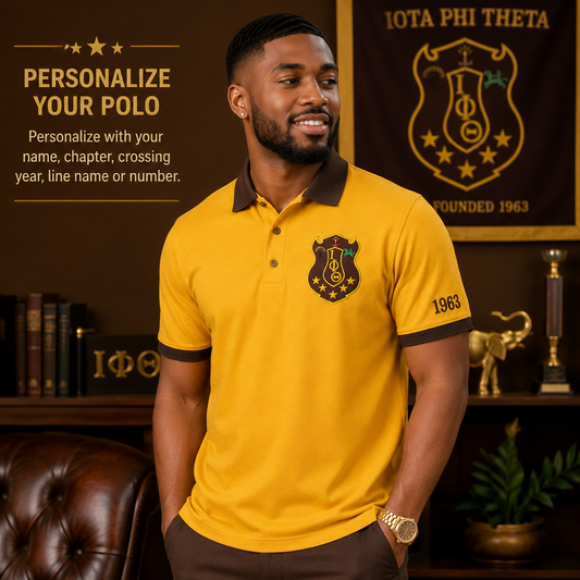 2 Tone Gold & Brown Iota Phi Theta Embroidered Polo Shirt – Personalized Fraternity Polo - product image 1
