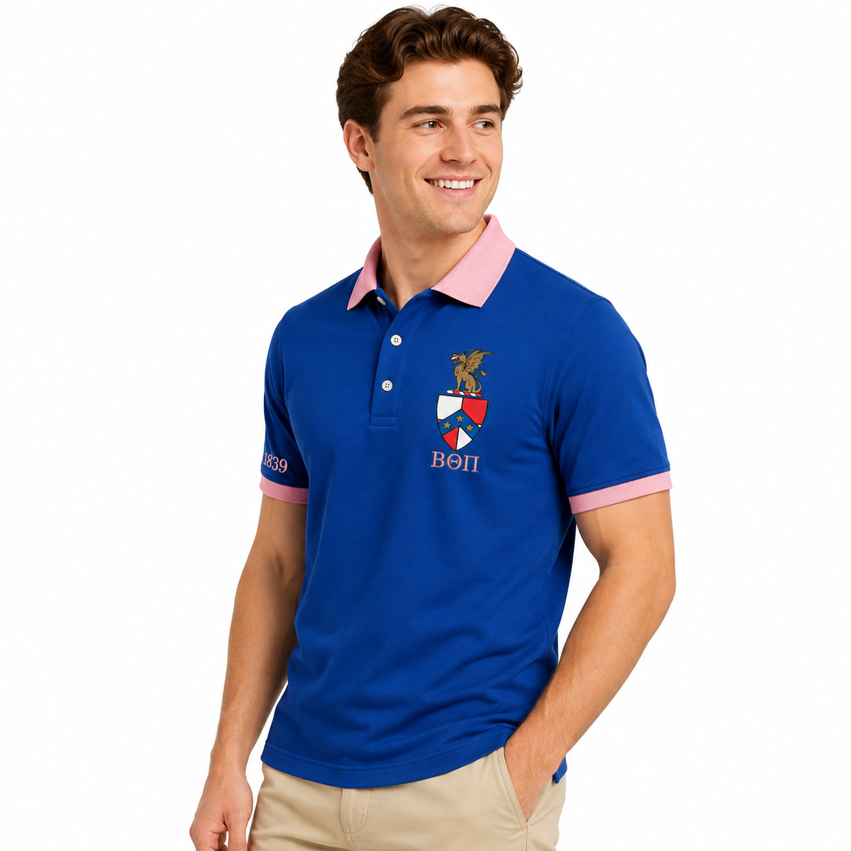 2 Tone Blue & Delicate Pink Beta Theta Pi Embroidered Polo Shirt – Personalized Fraternity Polo - product image 1