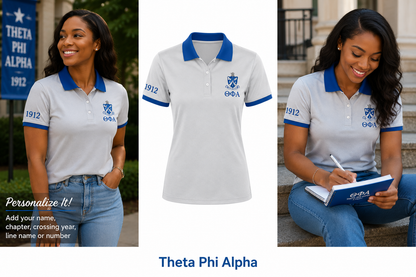 2 Tone Silver & Blue Theta Phi Alpha Embroidered Polo Shirt – Personalized Sorority Polo - product image 2