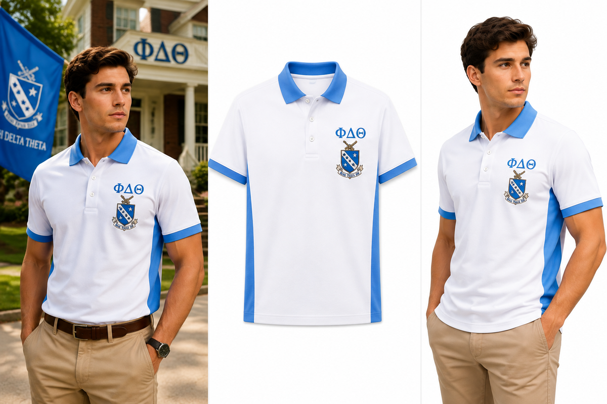 2 Tone Azure Blue & Argent White Phi Delta Theta Embroidered Polo Shirt – Personalized Fraternity Polo - product image 2