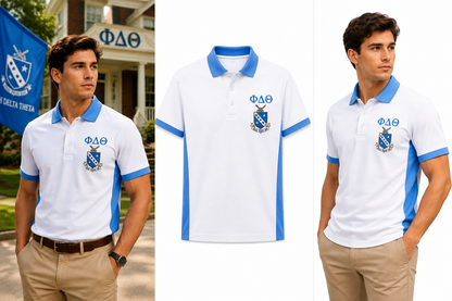 2 Tone Azure Blue & Argent White Phi Delta Theta Embroidered Polo Shirt – Personalized Fraternity Polo - product image 2