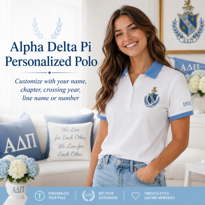 2 Tone White & Azure Blue Alpha Delta Pi Embroidered Polo Shirt – Personalized Sorority Polo - product image 1