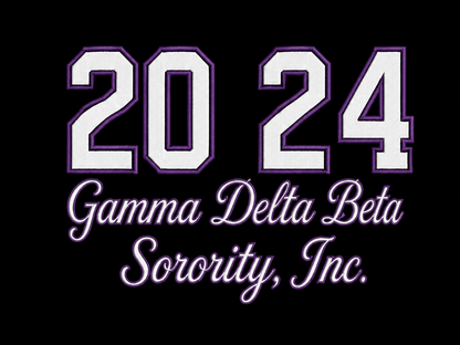 Purple and white 2024 Gamma Delta Beta Sorority, Inc. design artwork on a black background