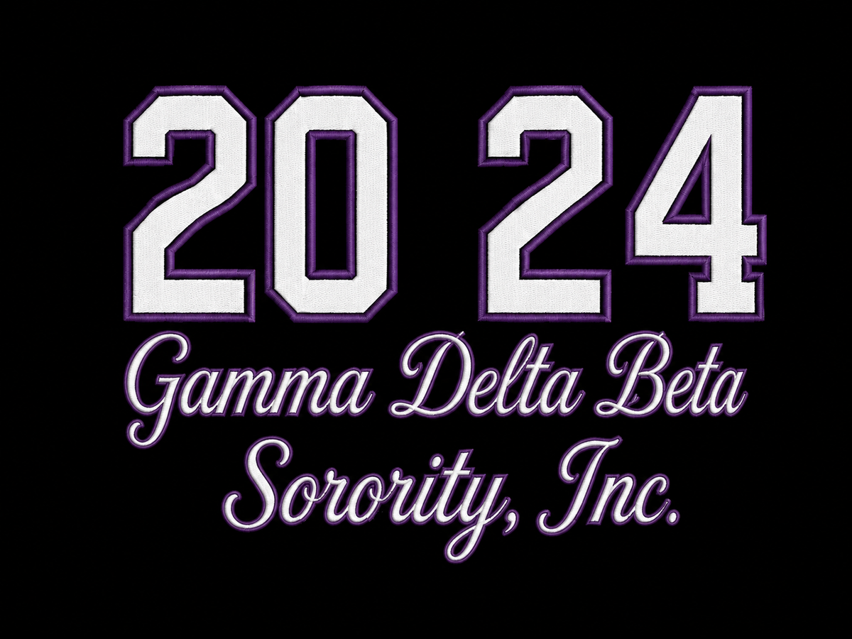 Purple and white 2024 Gamma Delta Beta Sorority, Inc. design artwork on a black background