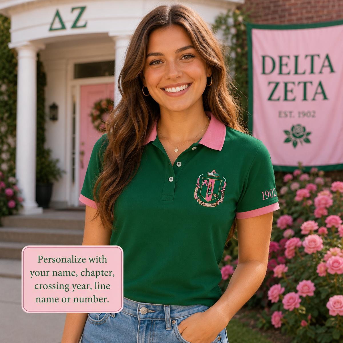 2 Tone Green & Rose Delta Zeta Embroidered Polo Shirt – Personalized Sorority Polo - product image 1