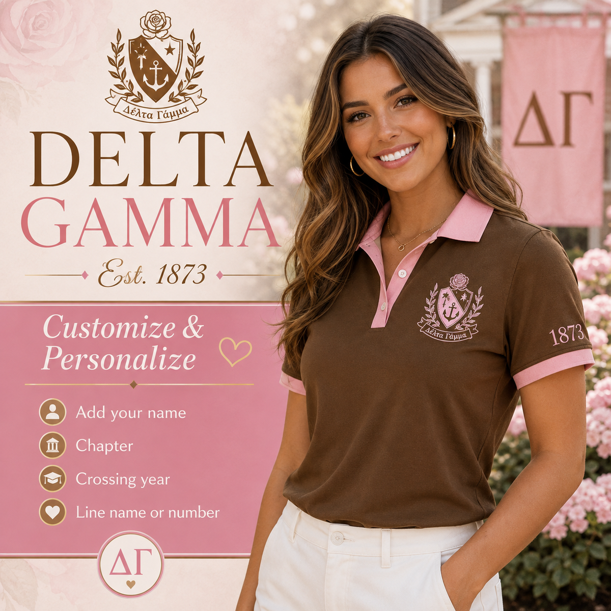 2 Tone Bronze & Pink Delta Gamma Embroidered Polo Shirt – Personalized Sorority Polo - product image 1