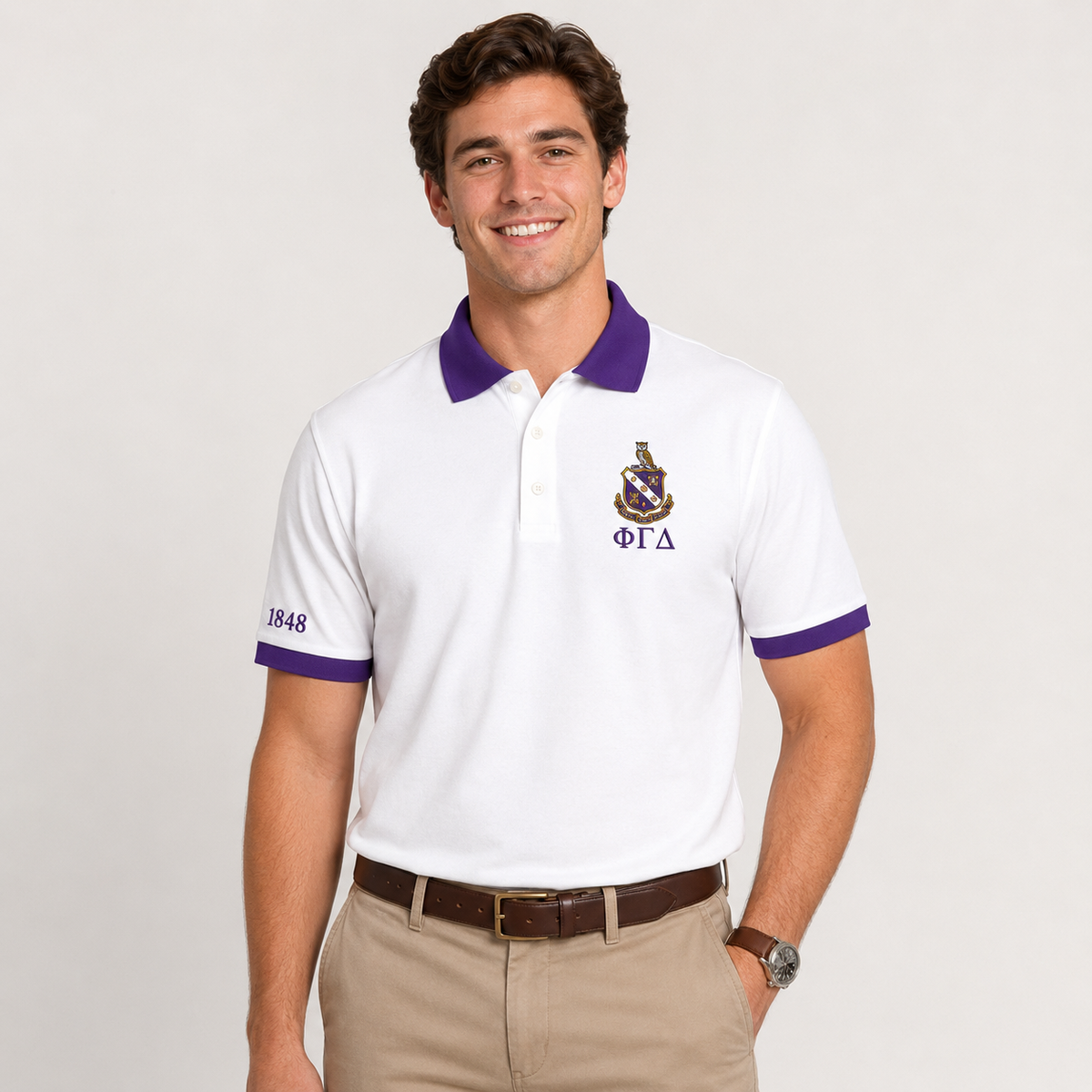 2 Tone White & Royal Purple Phi Gamma Delta Embroidered Polo Shirt – Personalized Fraternity Polo - product image 2