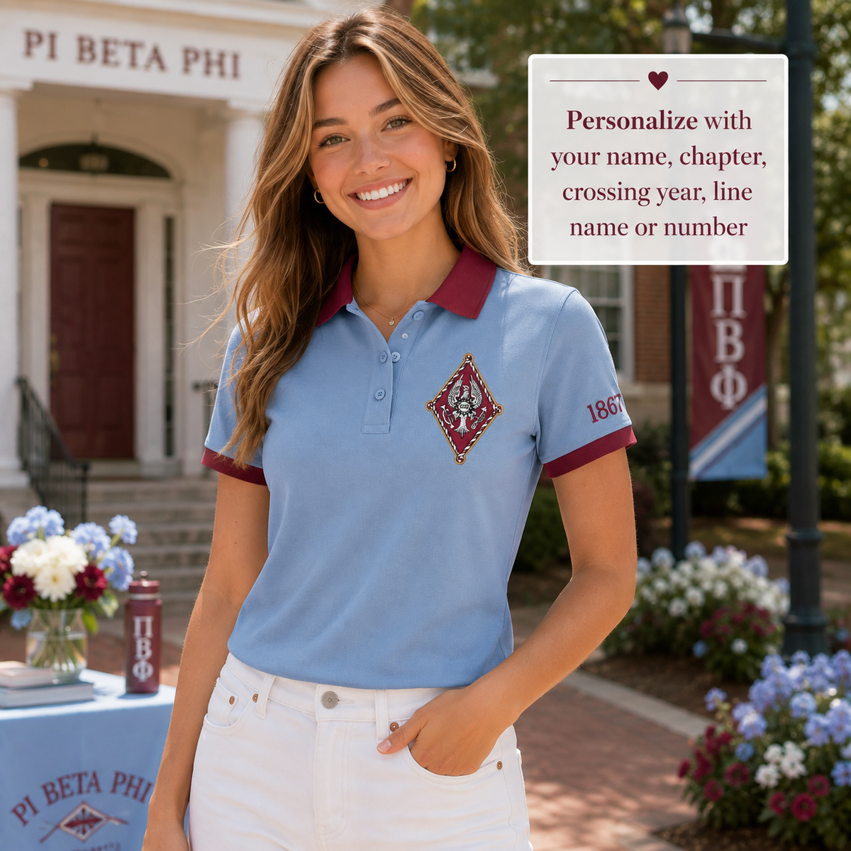 2 Tone Silver Blue & Wine Pi Beta Phi Embroidered Polo Shirt – Personalized Sorority Polo - product image 3