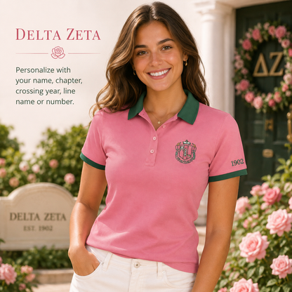 2 Tone Rose & Green Delta Zeta Embroidered Polo Shirt – Personalized Sorority Polo - product image 1
