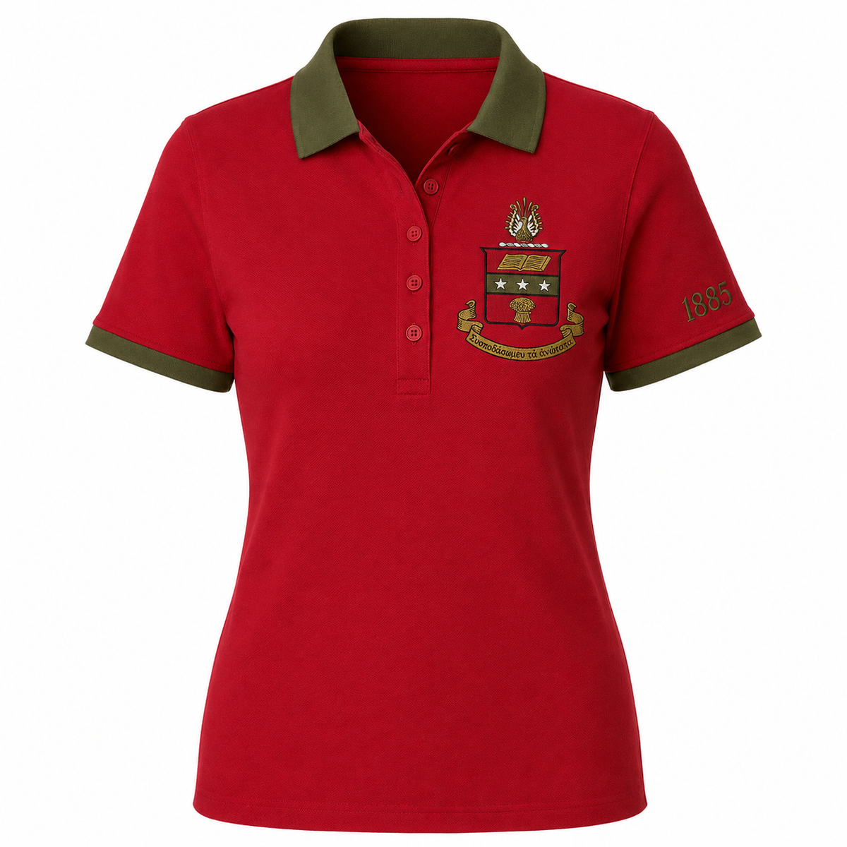 2 Tone Scarlet & Olive Green Alpha Chi Omega Embroidered Polo Shirt – Personalized Sorority Polo - product image 1