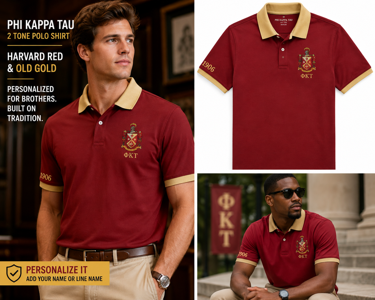 2 Tone Harvard Red & Old Gold Phi Kappa Tau Embroidered Polo Shirt – Personalized Fraternity Polo - product image 2