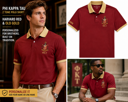 2 Tone Harvard Red & Old Gold Phi Kappa Tau Embroidered Polo Shirt – Personalized Fraternity Polo - product image 2