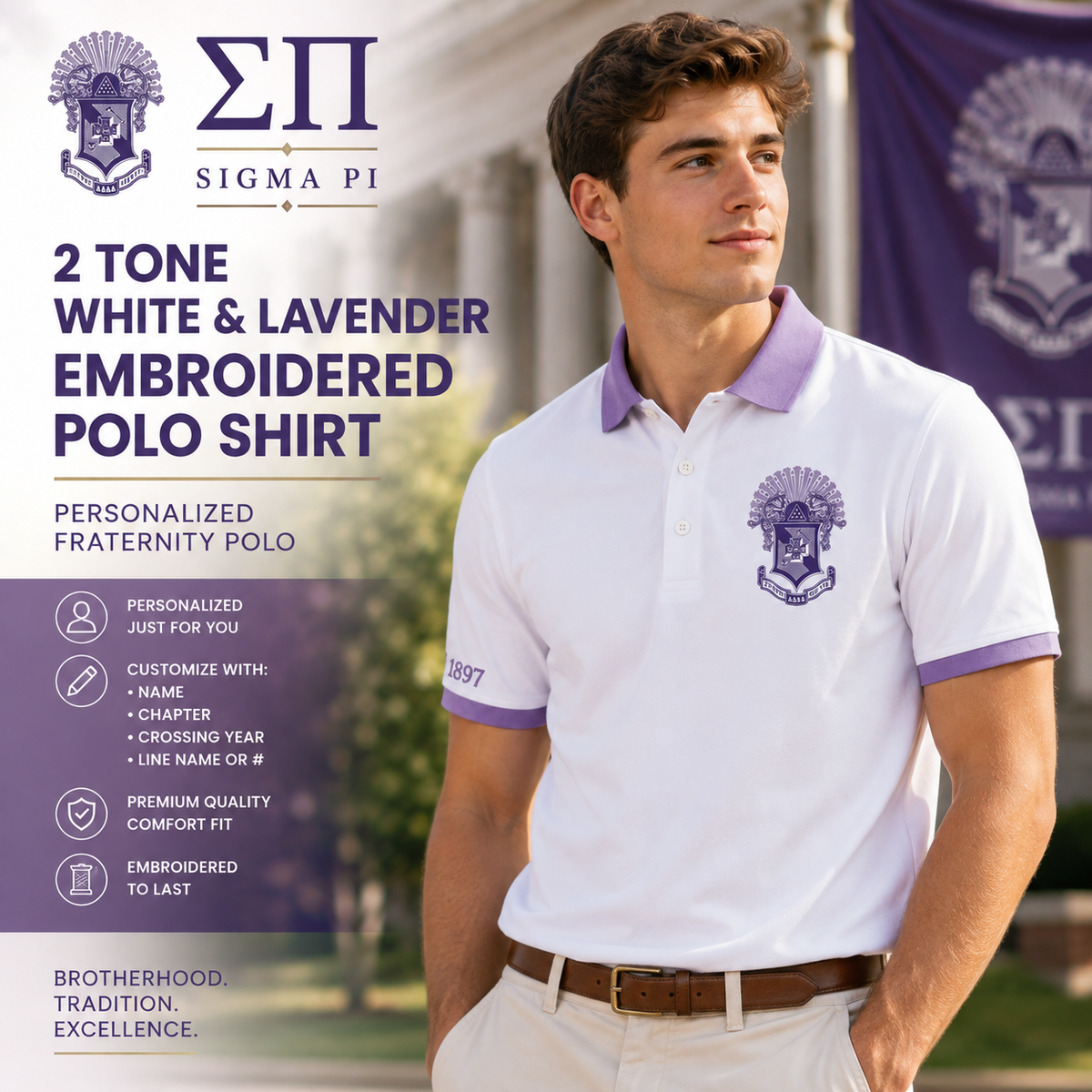 2 Tone White & Lavender Sigma Pi Embroidered Polo Shirt – Personalized Fraternity Polo - product image 1