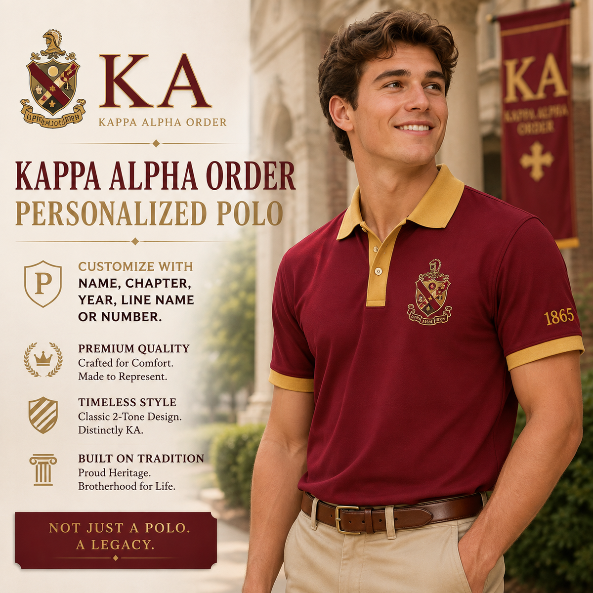 2 Tone Crimson & Old Gold Kappa Alpha Order Embroidered Polo Shirt – Personalized Fraternity Polo - product image 1