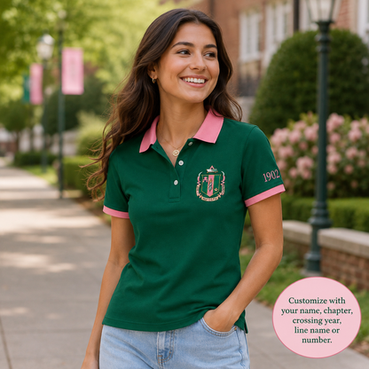2 Tone Green & Rose Delta Zeta Embroidered Polo Shirt – Personalized Sorority Polo - product image 3