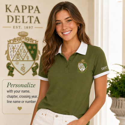2 Tone Olive Green & Pearl White Kappa Delta Embroidered Polo Shirt – Personalized Sorority Polo - product image 1