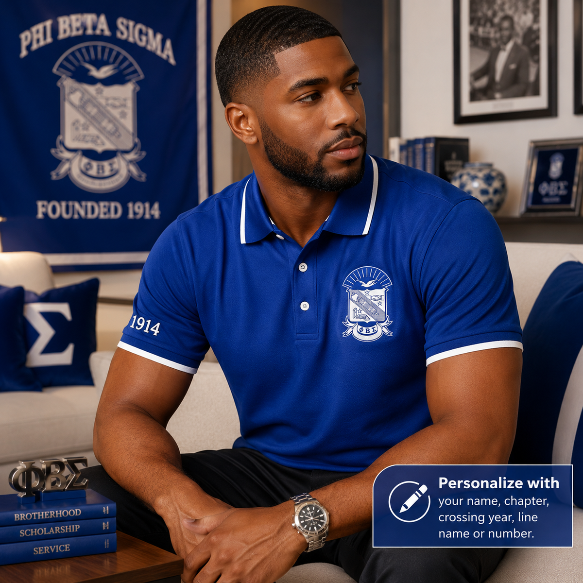 2 Tone Royal Blue & Pure White Phi Beta Sigma Embroidered Polo Shirt – Personalized Fraternity Polo - product image 3