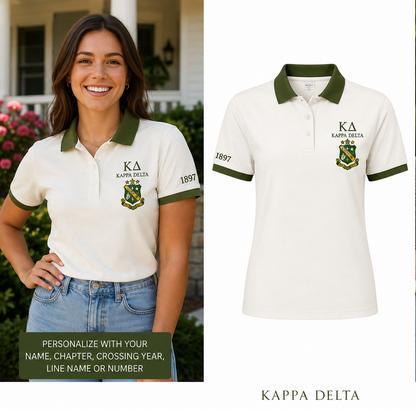 2 Tone Pearl White & Olive Green Kappa Delta Embroidered Polo Shirt – Personalized Sorority Polo - product image 1