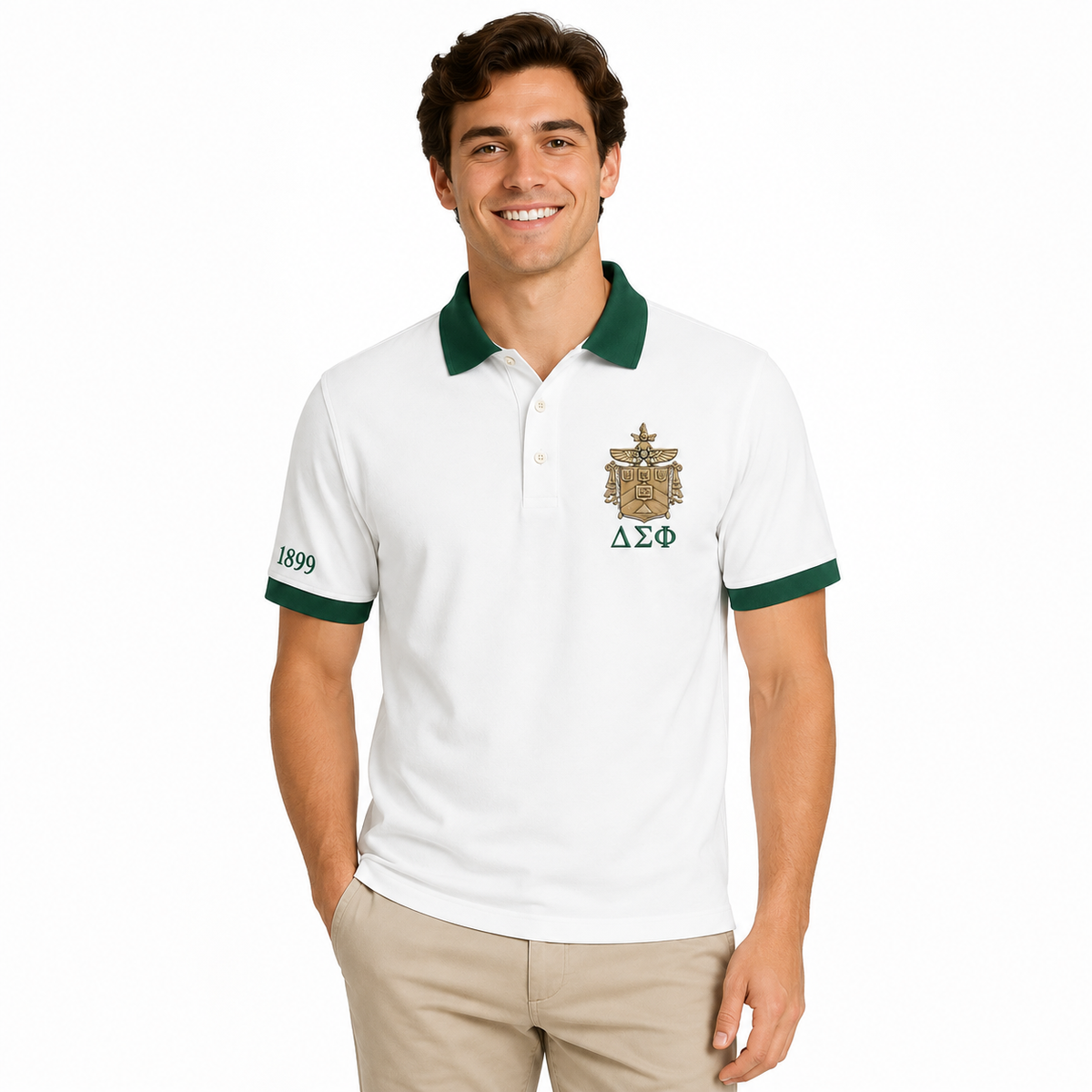 2 Tone Carnation White & Nile Green Delta Sigma Phi Embroidered Polo Shirt – Personalized Fraternity Polo - product image 2